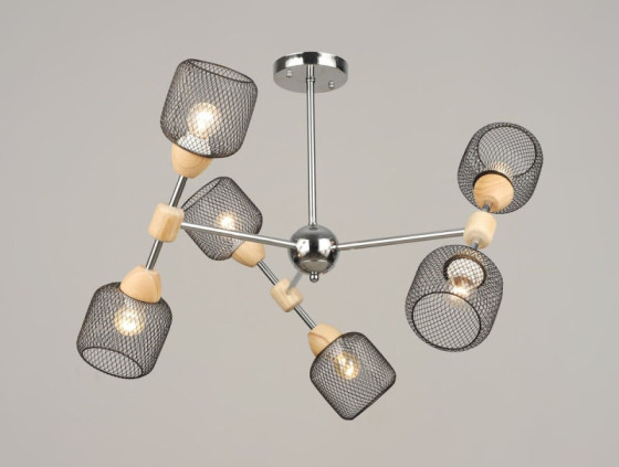 Люстра потолочная на 6 плафонов Valeso K2347/6, патрон E27, подвесная, Хром+Дерево K2347/6