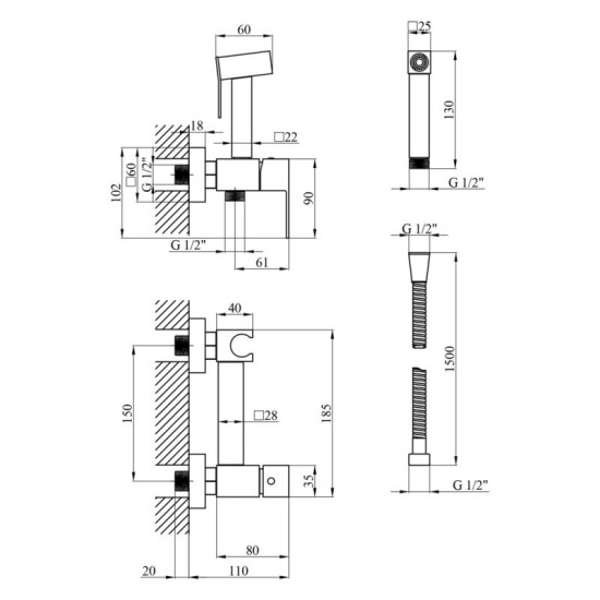 Гігієнічний душ із змішувачем Kroner KRP Edelstahl Kubus - PVD052