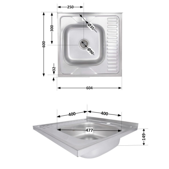 Кухонная мойка Brinex 6060-L 0,6 мм Satin (BRIN6060LSAT06)