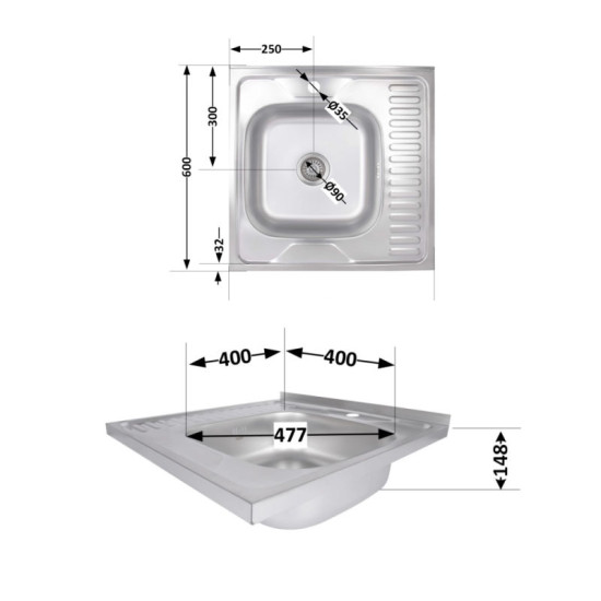 Кухонна мийка Brinex 6060-R 0,6 мм Satin (BRIN6060RSAT06)