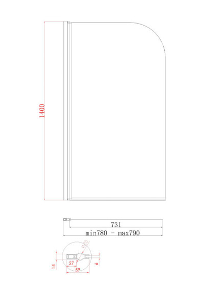 Шторка на ванну Koer SR BS01-80x140-TR-01 прозрачное стекло 6мм, хром (KR5400)