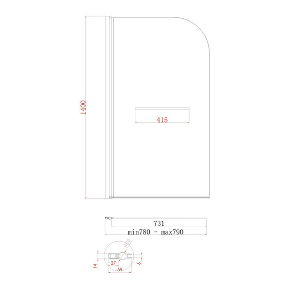 Шторка на ванну Koer SR BS02-80x140-TR-07 прозрачное стекло 6мм, графит (KR5941)