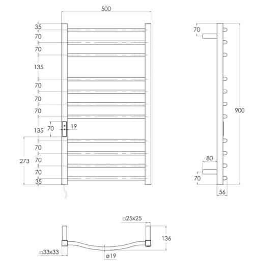 Сушка для рушників Imprese i-HEAT 120W, 500*900мм таймер, терморегулятор, полірована сталь, лівий (IHC509111120)