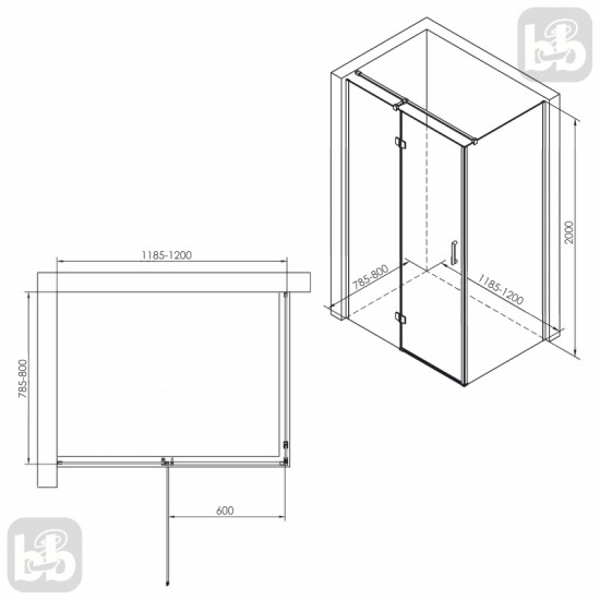 Душова кабіна Volle SOTA 120-C 120*80*200 (скло+двері) реверсивна, розстібна, профіль чорний матовий, скло прозоре 8мм (1038.134603)