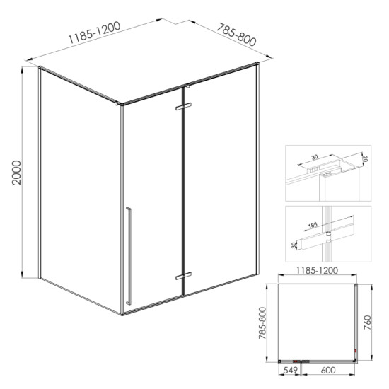 Душова кабіна Volle SOTA 120-C 120*80*200 реверсивна, розстібна, профіль чорний мат, скло прозоре (1038.134663)