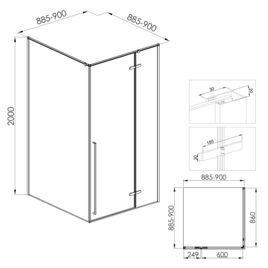 Душевая кабина Volle SOTA 90-C 90*90*200 реверсивная, распашная, профиль хром, стекло прозрачное (1038.124551)