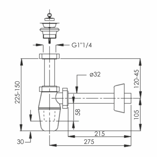 Сифон для раковини Imprese з пробкою, 1 1/4", трубка зливна d32x215мм (d12601411S)