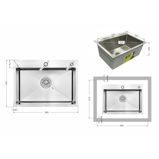 Кухонная мойка Lidz Handmade H5843 Brushed Steel 3,0/1,0 мм LDH5843BRU49442
