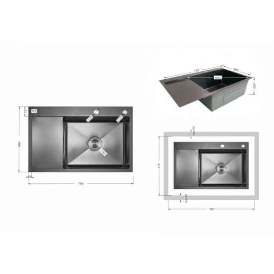 Кухонная мойка Lidz Handmade Max 500 H7849BL Brushed Black PVD, 3,0/1,0  LDH7849ВLBRUBLM49465