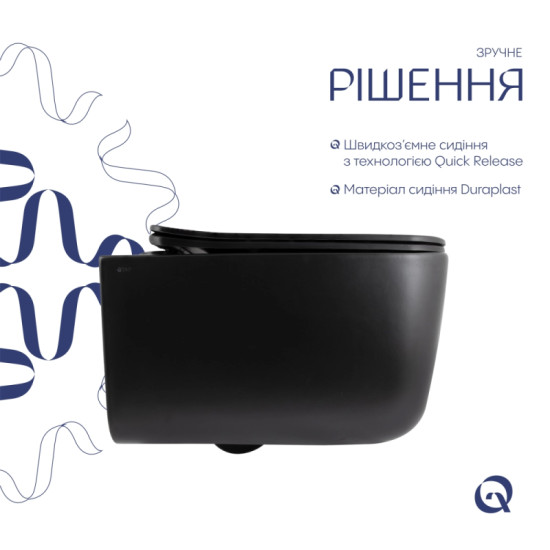 Унітаз підвісний Qtap Gemini Ultra Quiet, Matt Black, с сиденьем Slim Duroplast/Soft-close/Quick Release QTGEM28BLM50505