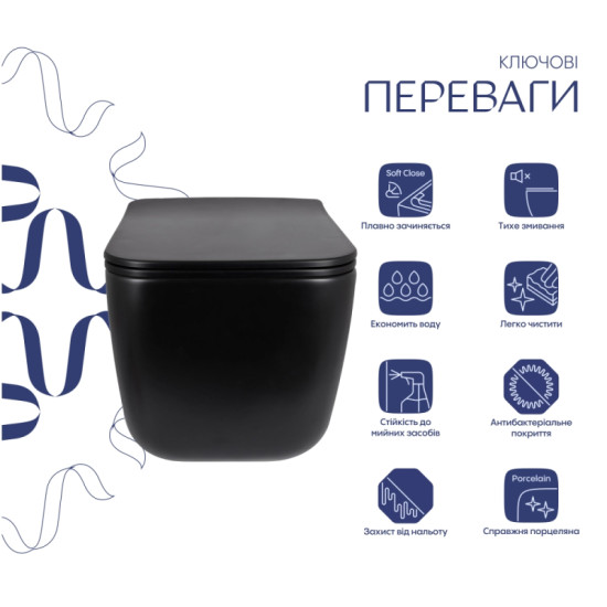 Унітаз підвісний Qtap Gemini Ultra Quiet, Matt Black, с сиденьем Slim Duroplast/Soft-close/Quick Release QTGEM28BLM50505