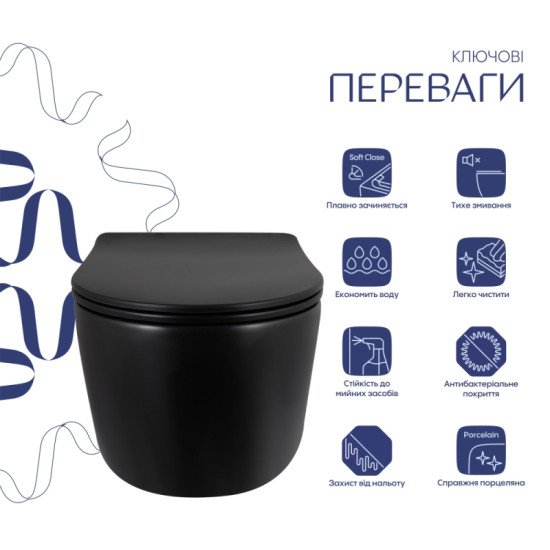 Унітаз підвісний Qtap Taurus Ultra Quiet, Matt Black, с сиденьем Slim Duroplast/Soft-close/Quick Release QTTAU28BLM50504