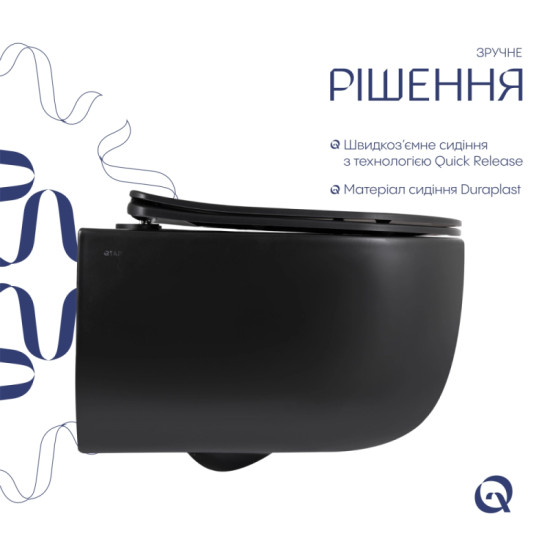 Унітаз підвісний Qtap Taurus Ultra Quiet, Matt Black, с сиденьем Slim Duroplast/Soft-close/Quick Release QTTAU28BLM50504