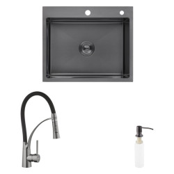 Кухонная мойка Kroner Schwarze-6050HM PVD + Ersel-GRP03393BLK + Spender-026 (CVS30071)