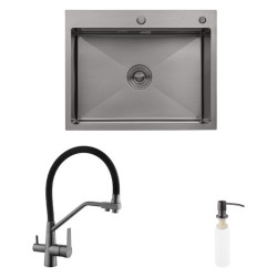 Кухонна мийка Kroner Schwarze-6350HM PVD + Edelstahl Klassisch-PVD03817BLK + Spender-026 (CVS30117)