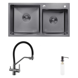 Кухонная мойка Kroner Schwarze-7843ZHM PVD + Edelstahl Klassisch-PVD03817BLK + Spender-026 (CVS30115)