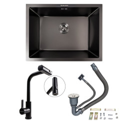 Кухонна мийка Valeso Handmade (58x43 см) PVD чорна, під стільницю + Valeso XK09B PVD