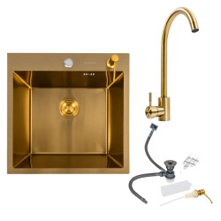 Кухонна мийка Valeso Handmade 50x50 PVD Золото + Valeso JW449 PVD Золото