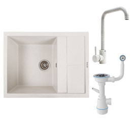 Кухонна мийка Valeso 6550 LOTOS біла в крапку + Valeso NS02A білий в крапку + Сифон 1041