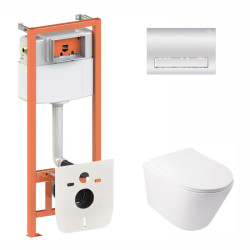 Інсталяція з унітазом Qtap Swan Rimless 520х360х320 + Nest 4 в 1 (лінійна клавіша Chrome)