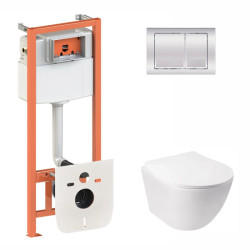 Інсталяція з унітазом Qtap Jay Rimless 520х360х320 + Nest 4 в 1 (квадратна клавіша Chrome)