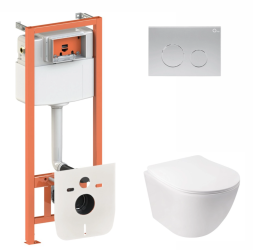 Инсталляция с унитазом Qtap Jay Rimless 520х360х320 + Nest 4 в 1 (круглая клавиша Satin)